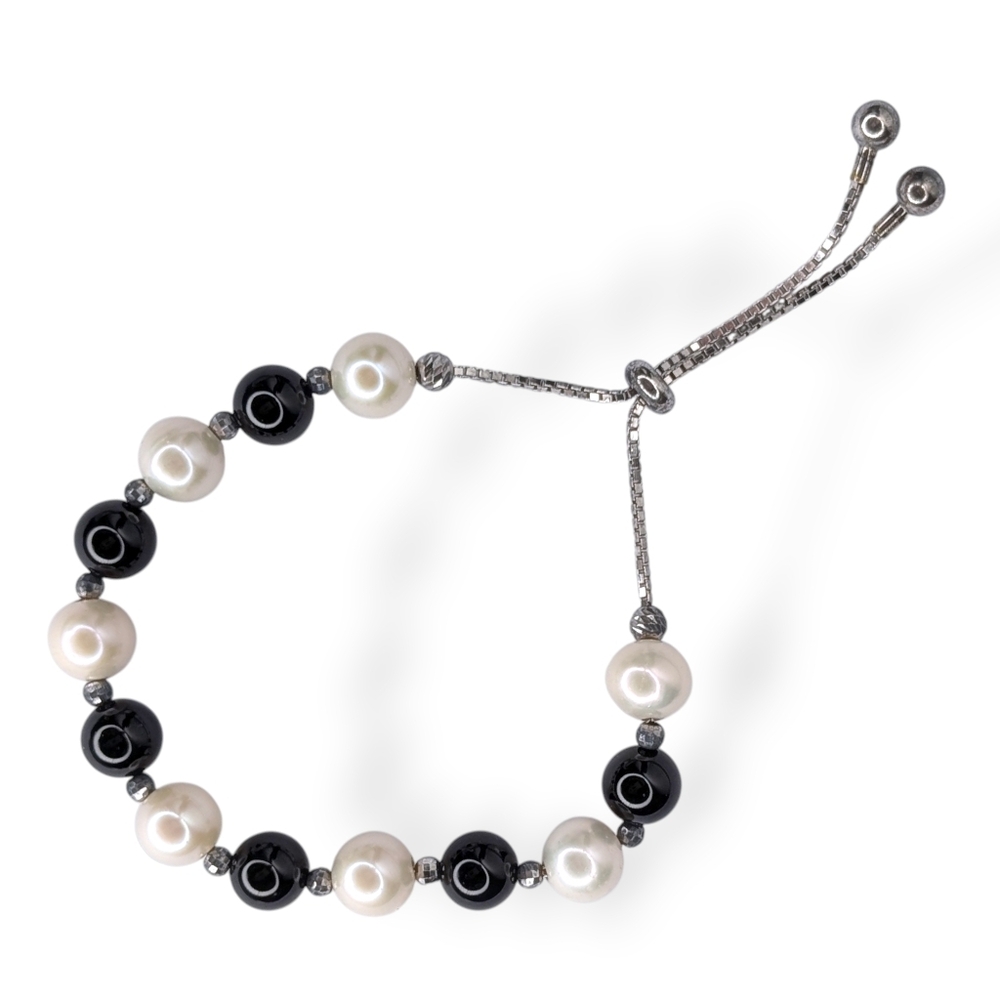 Sterling Silver Freshwater Pearl & Black Bead Adjustable Bracelet Elegant 925 - Picture 2 of 7
